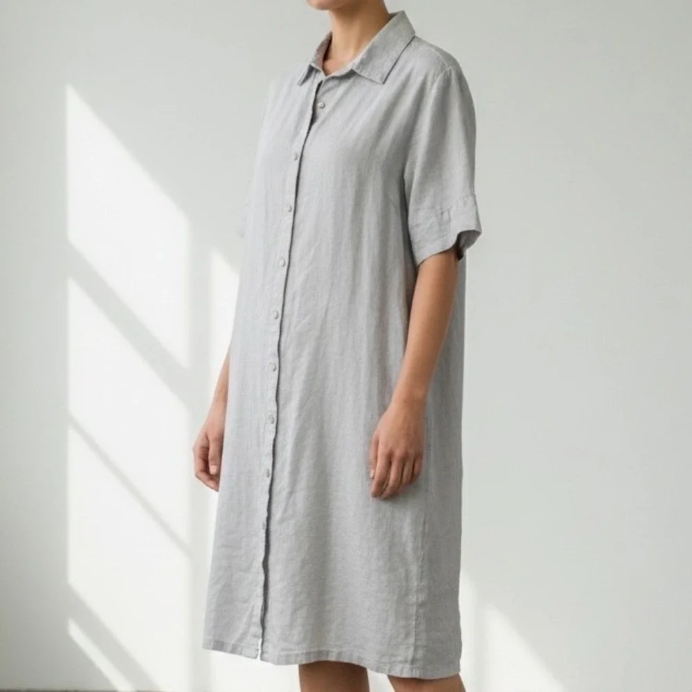 Tahari Womens Light Gray 100% Linen Short Sleeve Dress M minimalist Lagenlook - Picture 1 of 8